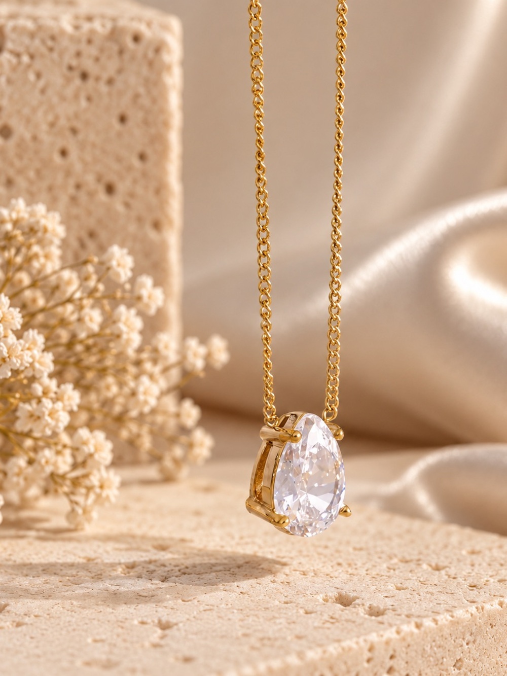 Gold Teardrop Cubic Zirconia Pendant Necklace